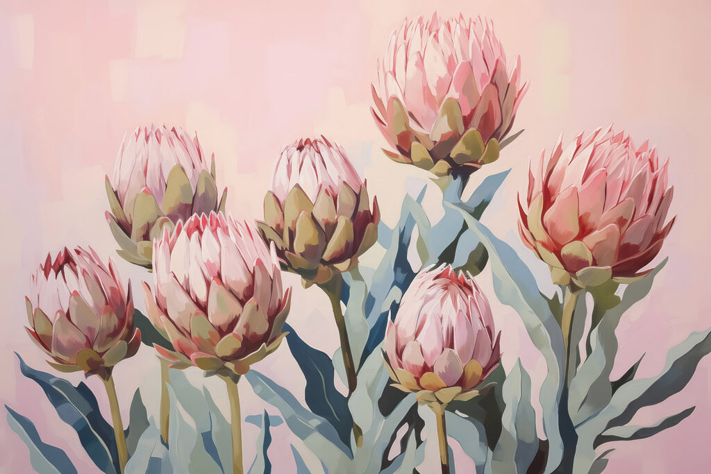 Protea rosa su pastello — design completo
