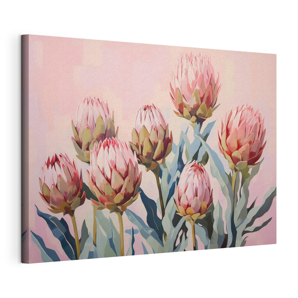Protea rosa su pastello, tela tesa e bordo avvolto
