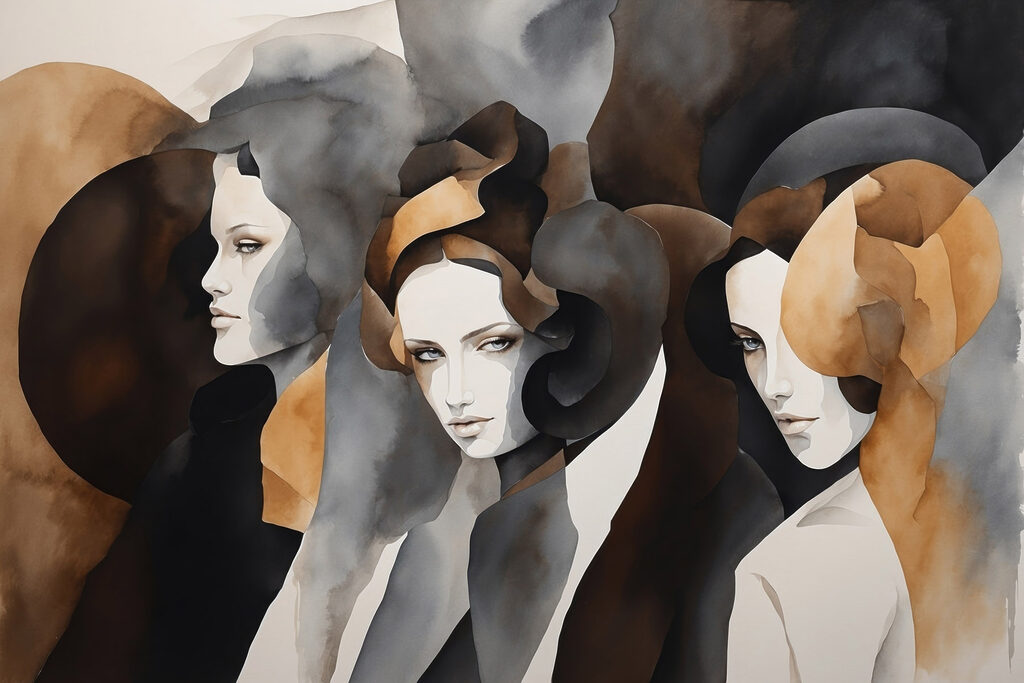Tre donne, forme terrose — design completo