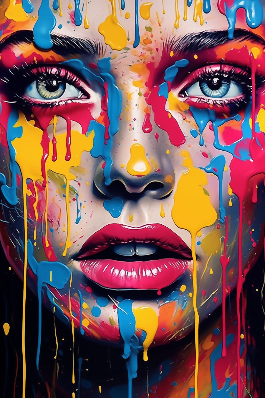 Volto tra gocce colorate — design completo