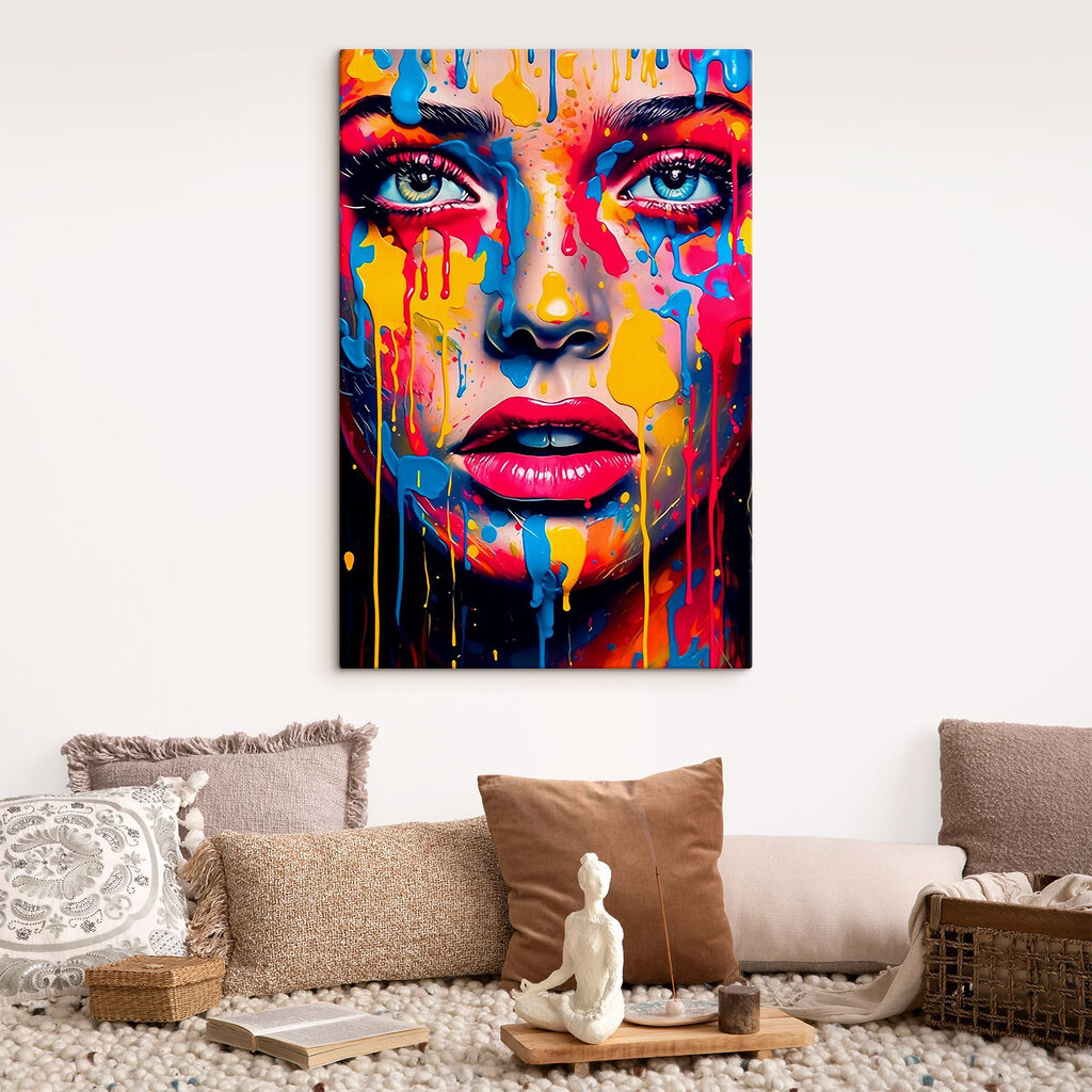 Volto tra gocce colorate — ambiente 1