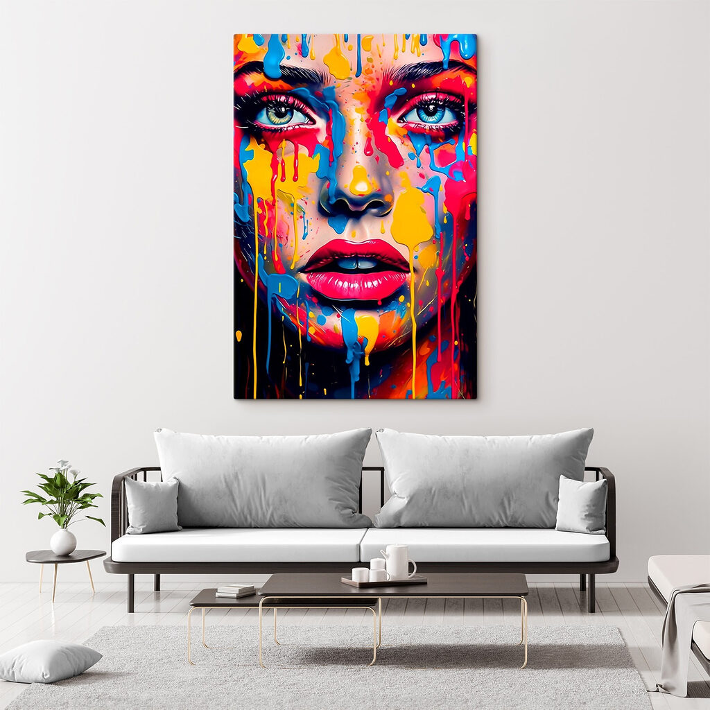 Volto tra gocce colorate — ambiente 2