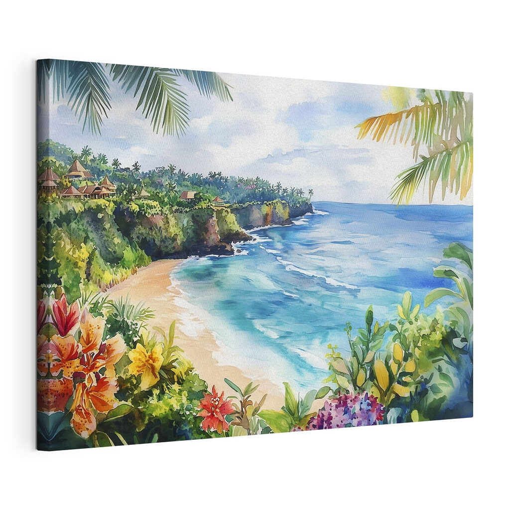 Baia tropicale con fiori, tela tesa e bordo avvolto