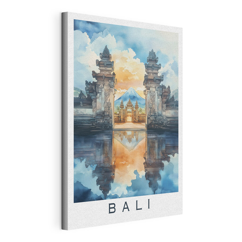 Porta balinese ad acquerello, tela tesa e bordo avvolto