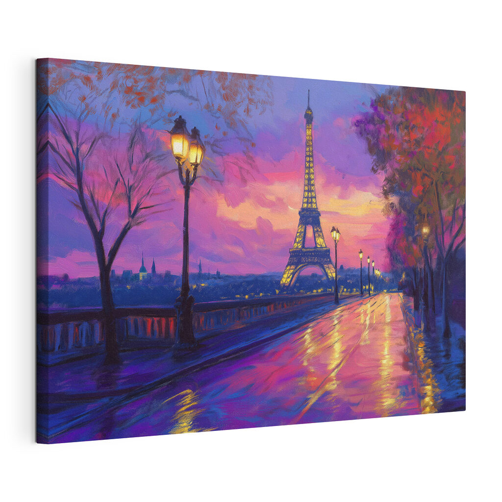 Parigi nel crepuscolo viola, tela tesa e bordo avvolto