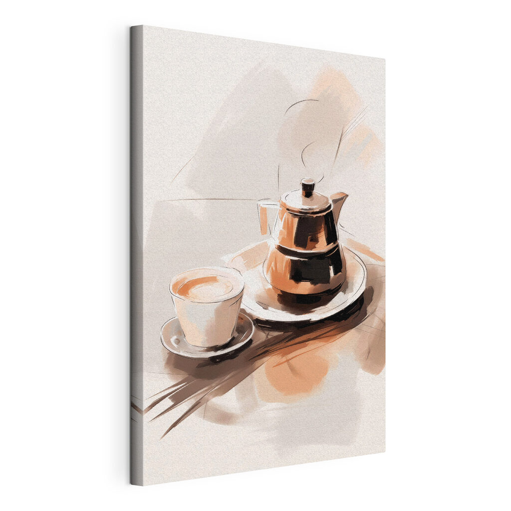 Caffettiera ad acquerello, tela tesa e bordo avvolto