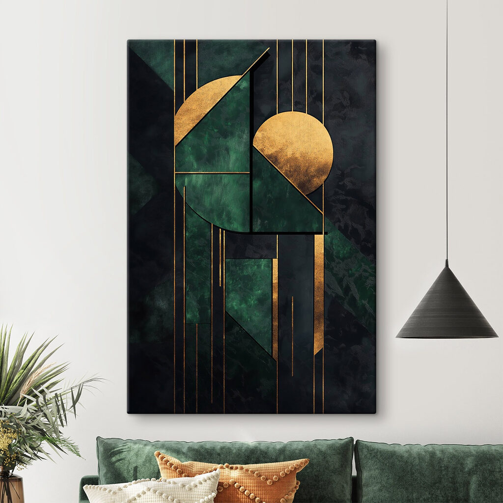 Geometria dorata su verde in un ambiente