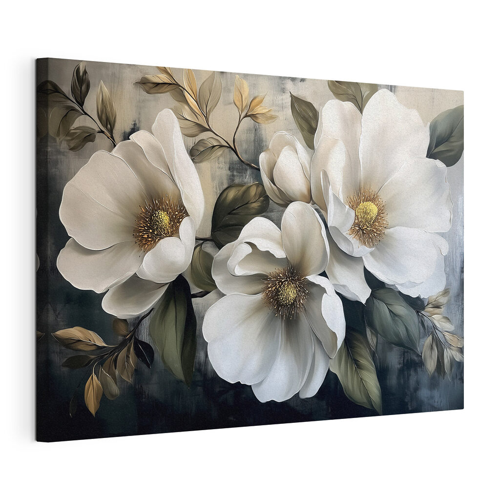 Fiori bianchi tra foglie, tela tesa e bordo avvolto