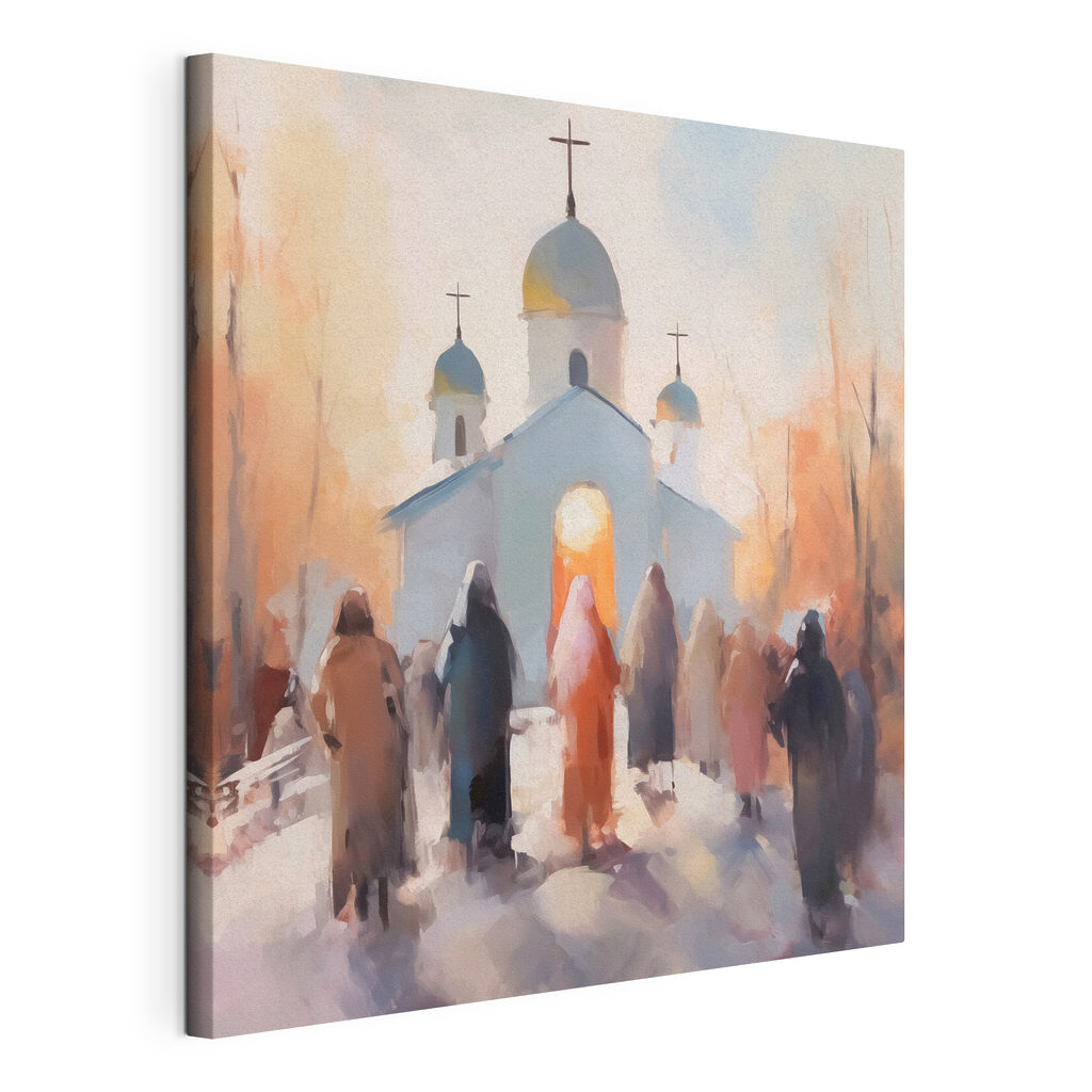 Verso la chiesa, tela tesa e bordo avvolto