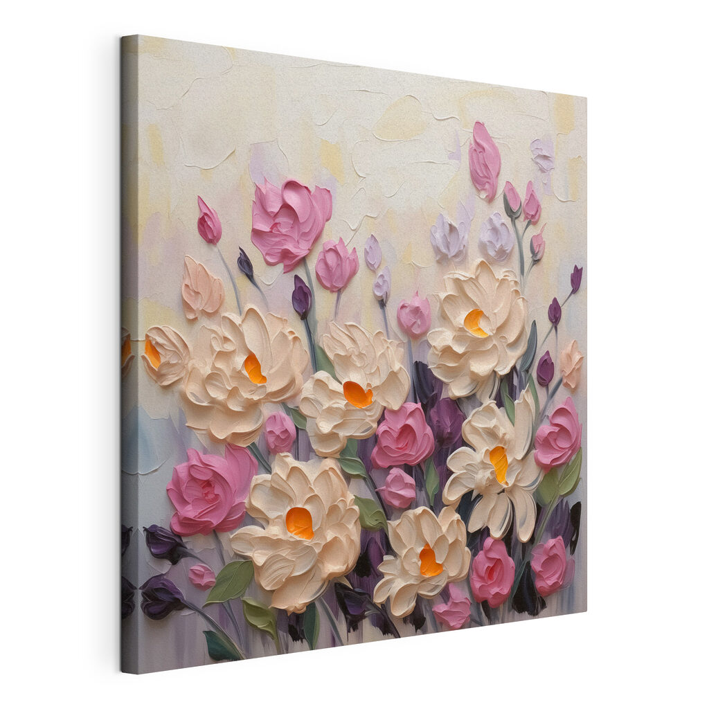 Fiori rosa in pastello, tela tesa e bordo avvolto