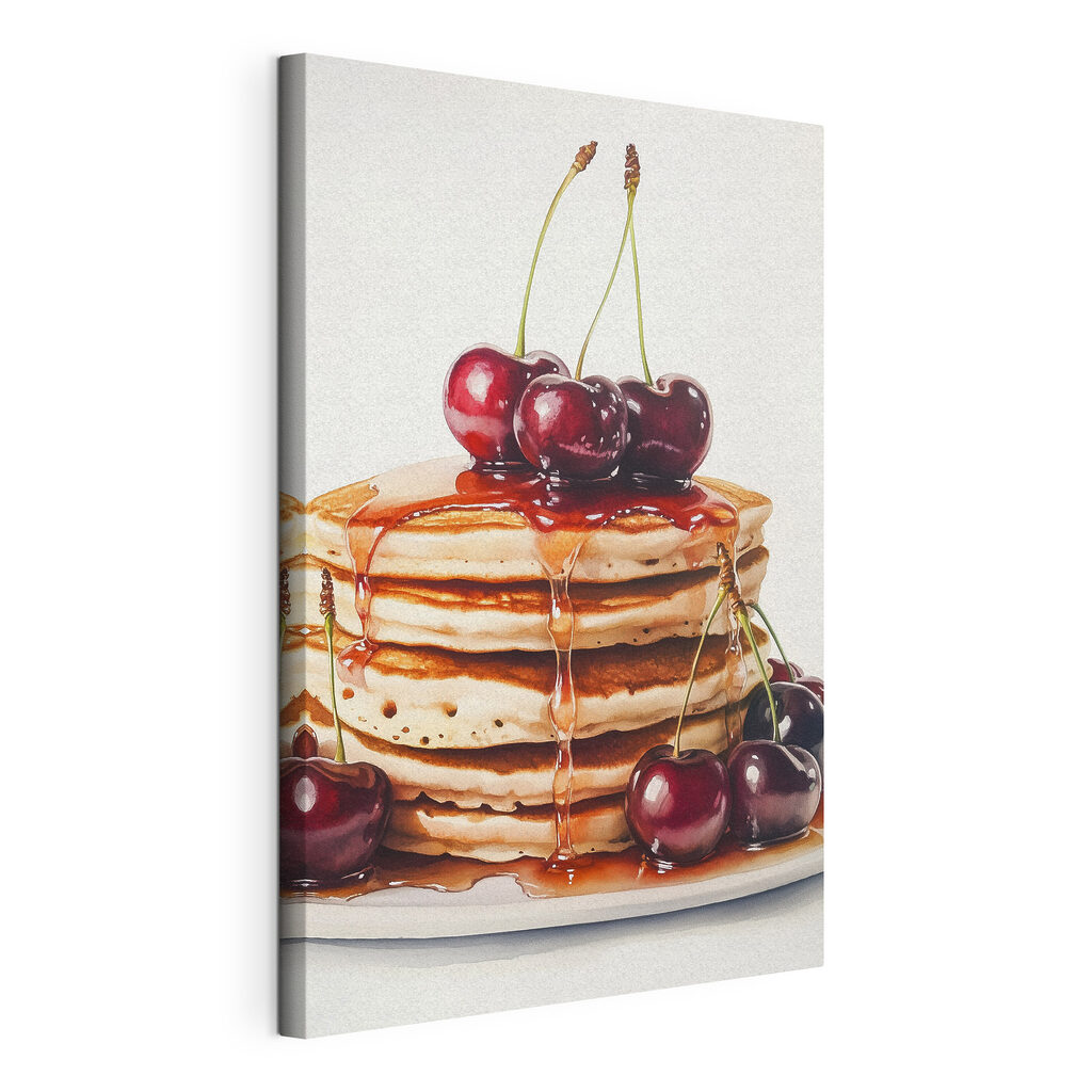 Pancake con ciliegie lucide, tela tesa e bordo avvolto