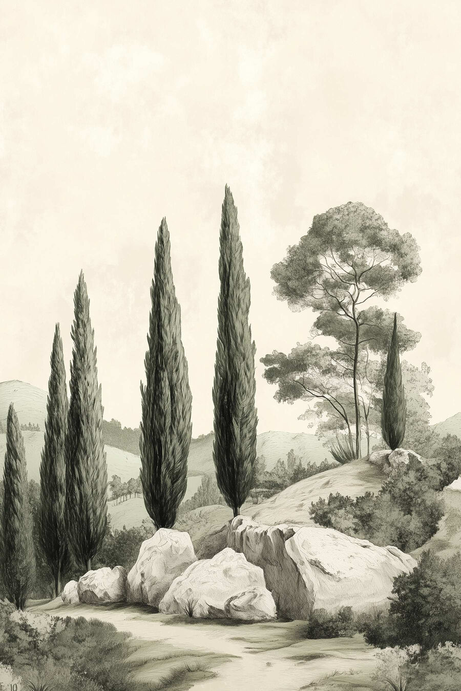 Cipressi sopra roccia pallida — design completo