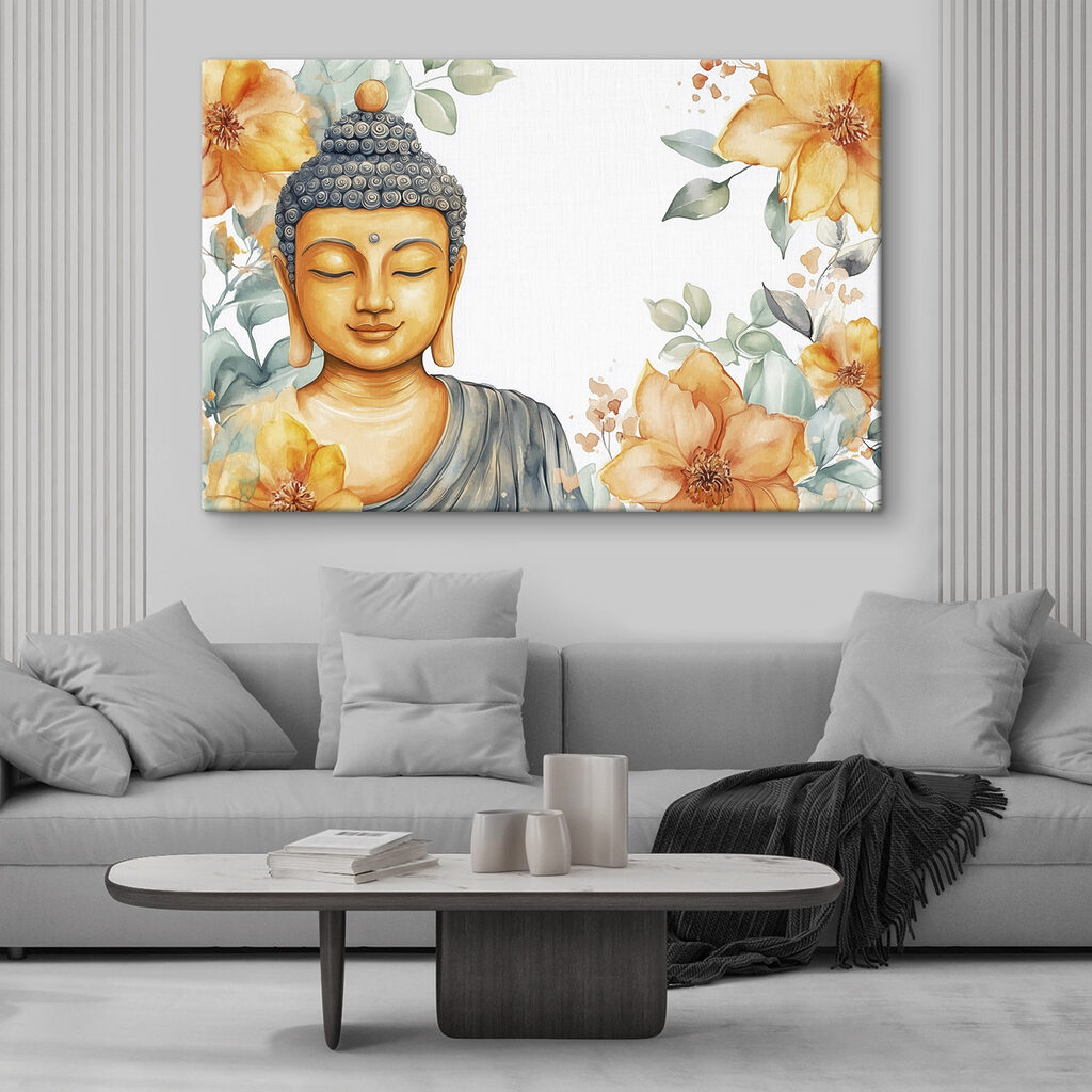 Buddha tra fiori arancio in un ambiente