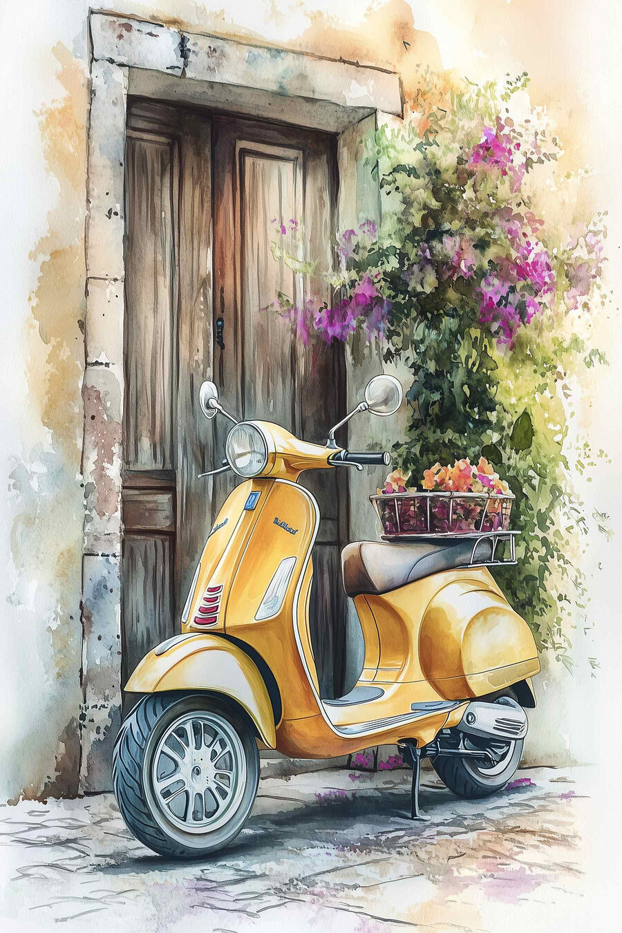 Scooter giallo al portone — design completo