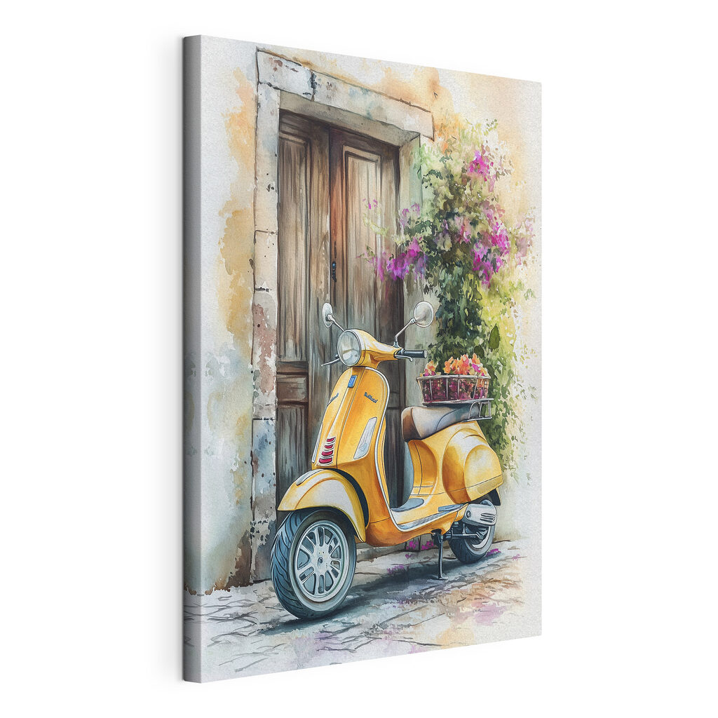 Scooter giallo al portone, tela tesa e bordo avvolto