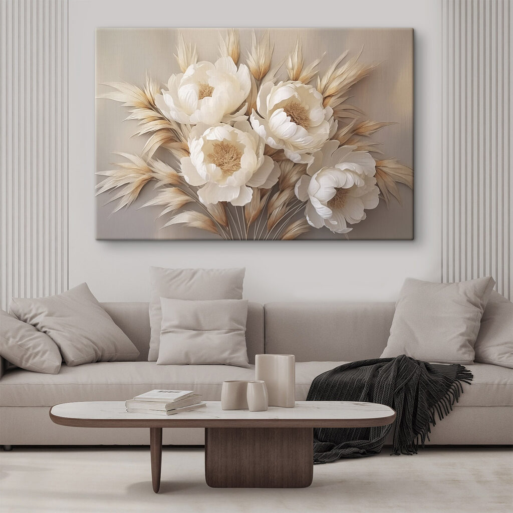 Peonie bianche tra spighe in un ambiente