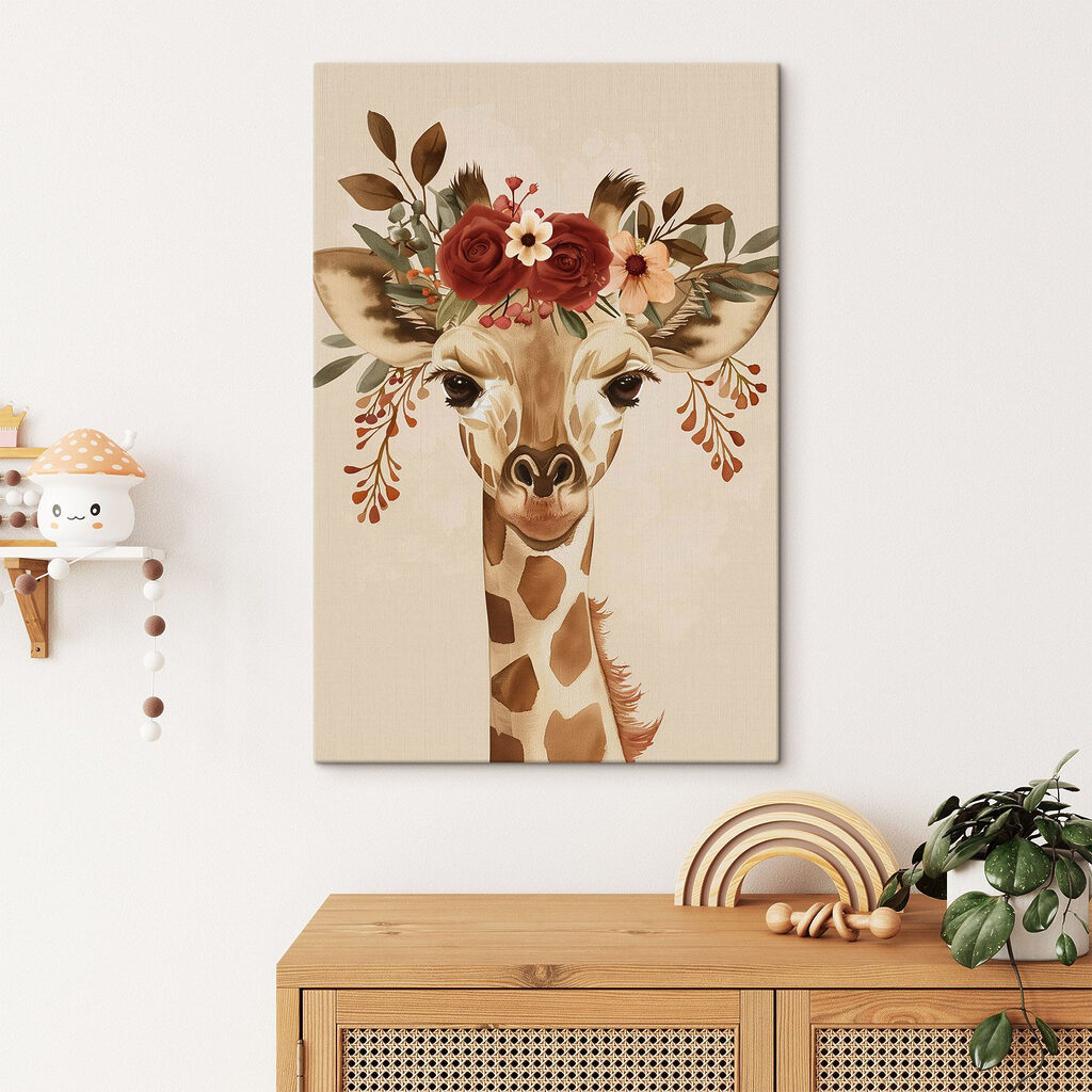 Giraffa con corona floreale in un ambiente