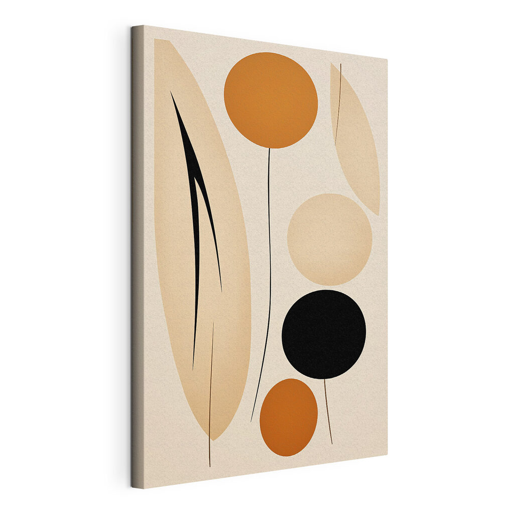Sfere ocra e foglie, tela tesa e bordo avvolto
