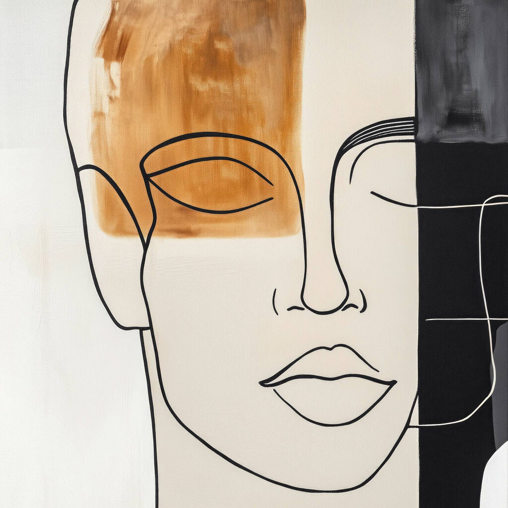 Volto ocra e linee — design completo