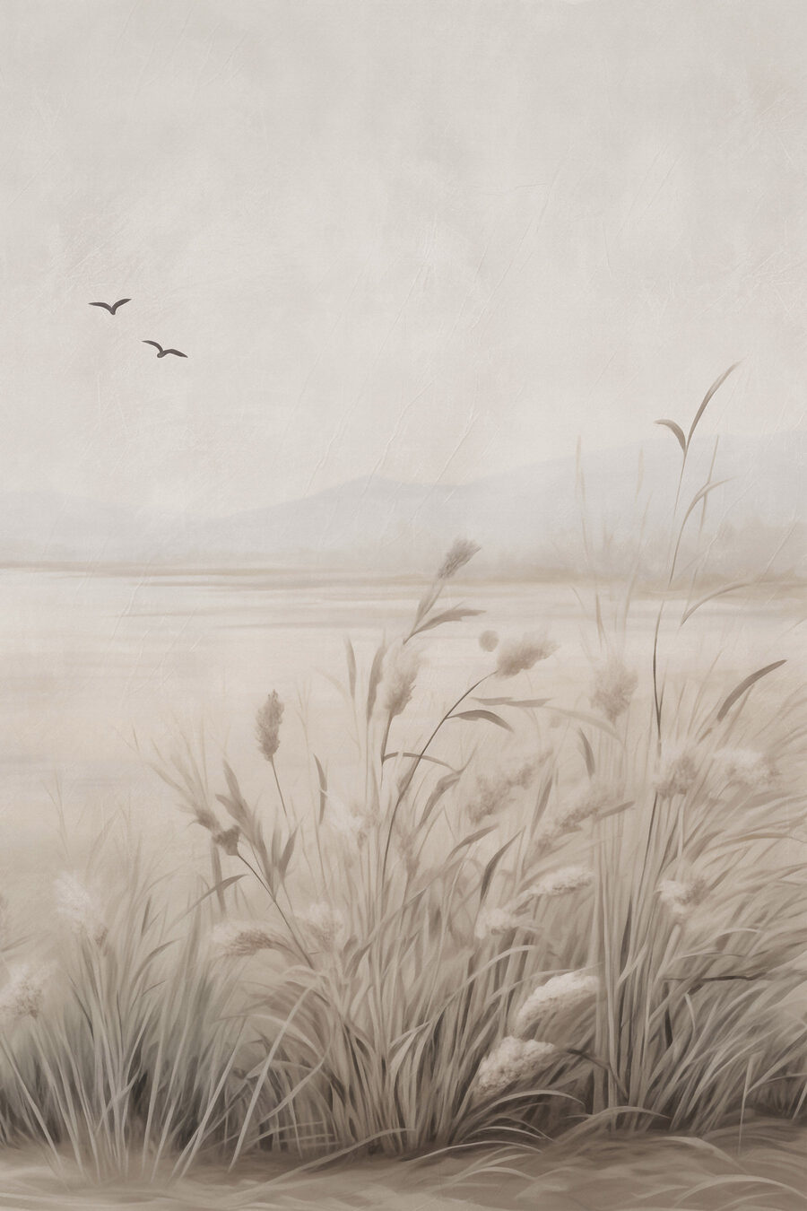 Uccelli sopra steli beige — design completo