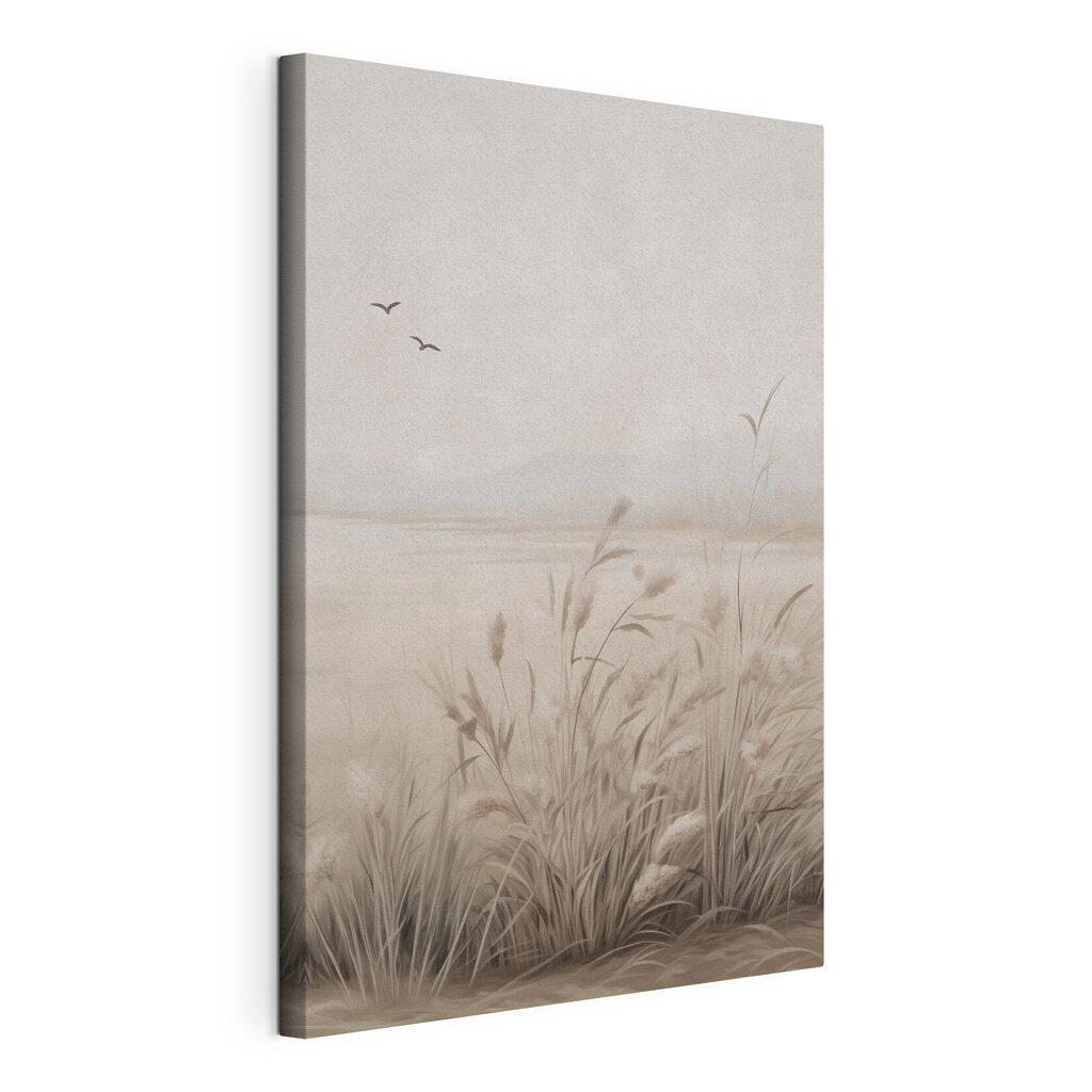 Uccelli sopra steli beige, tela tesa e bordo avvolto