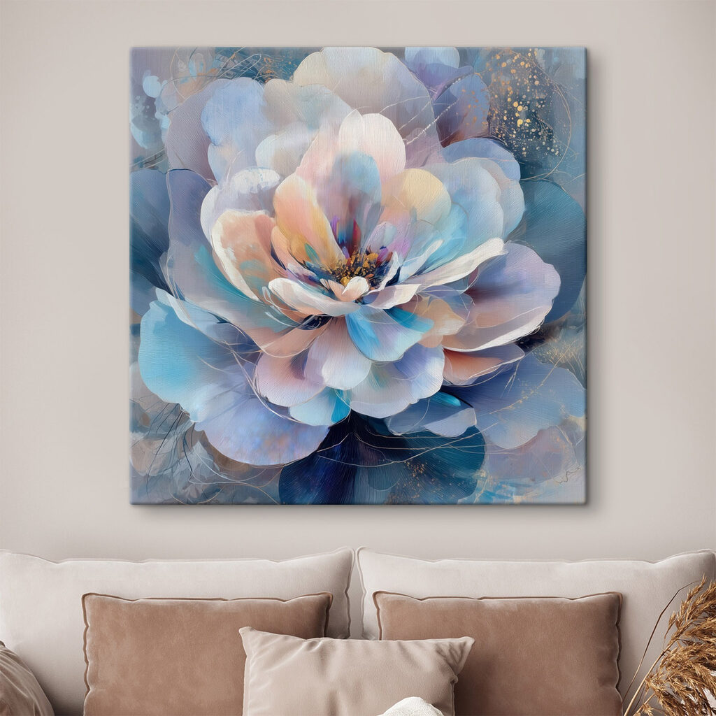 Fiore pastello su blu in un ambiente