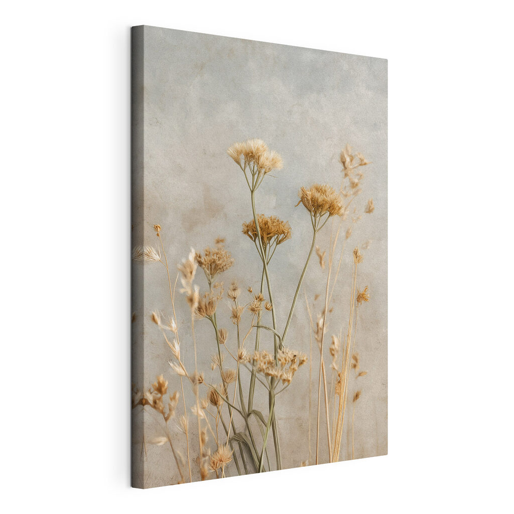Fiori secchi su grigio, tela tesa e bordo avvolto