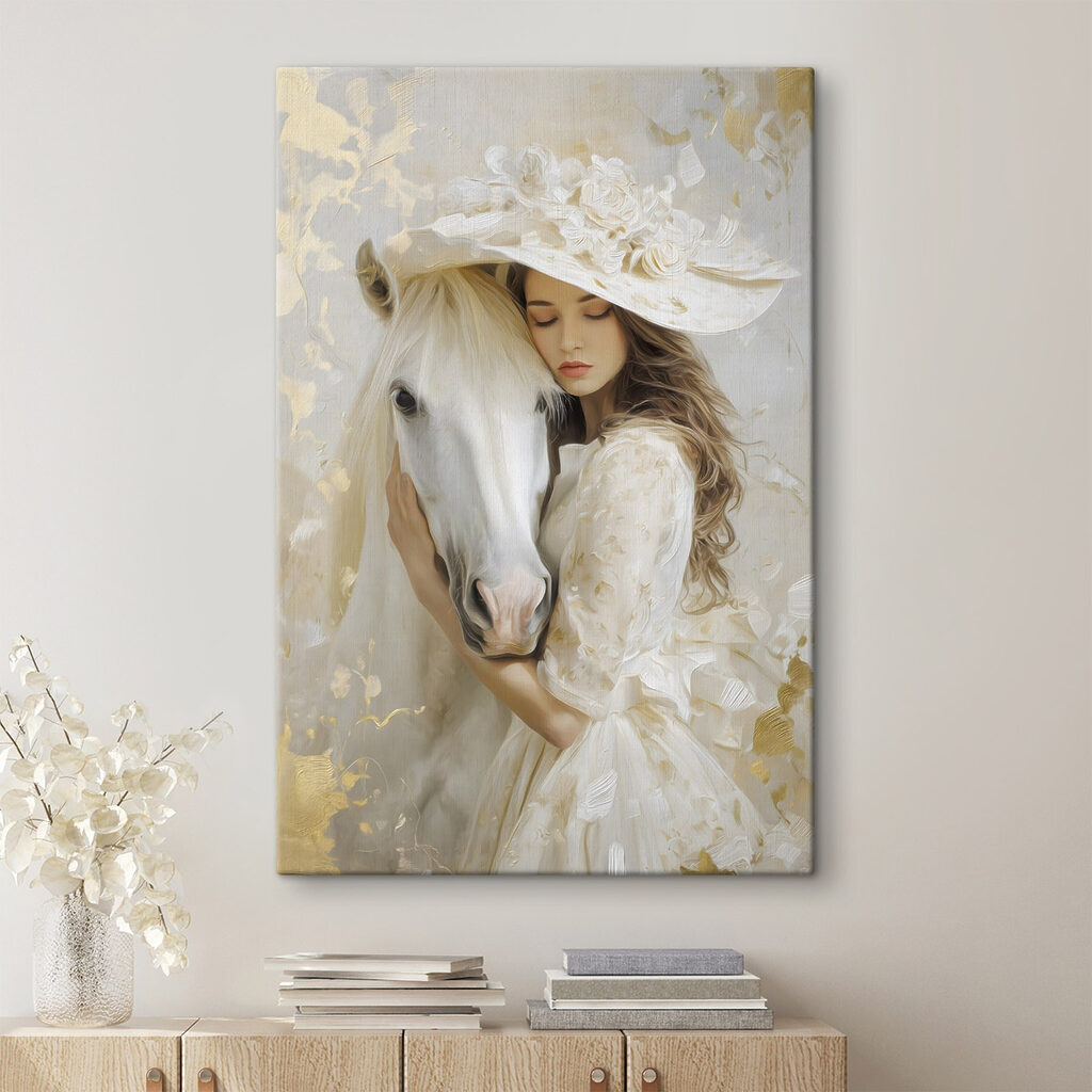 Donna con cavallo bianco in un ambiente