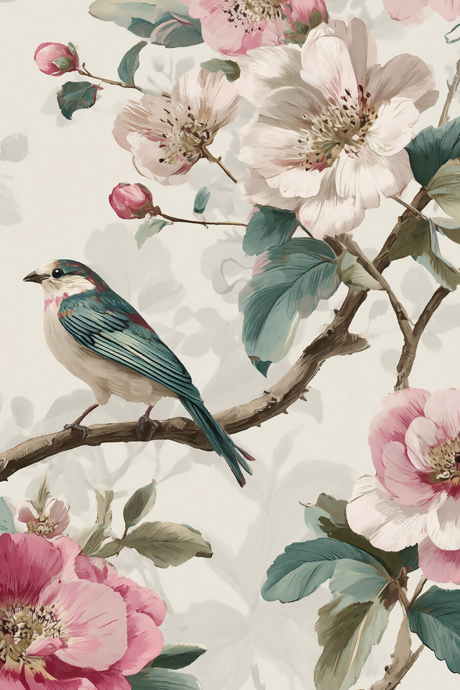 Uccello tra fiori rosa — design completo