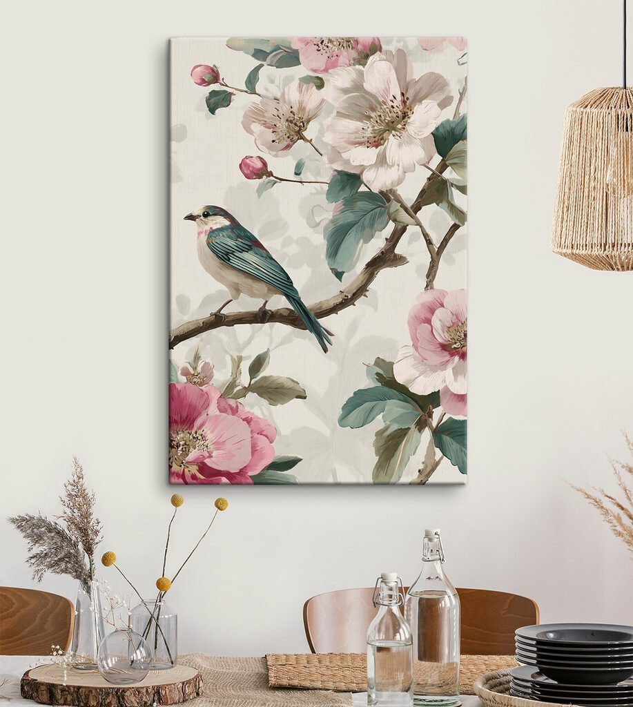 Uccello tra fiori rosa — ambiente 2