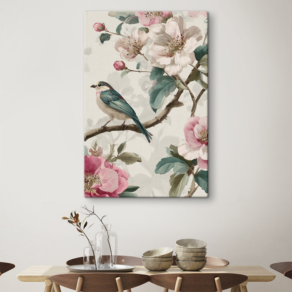 Uccello tra fiori rosa — ambiente 1