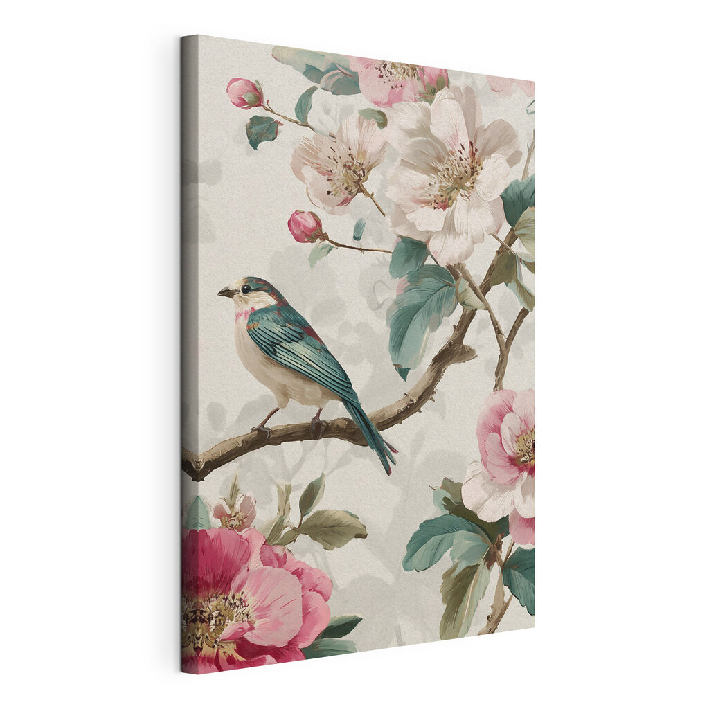 Uccello tra fiori rosa — vista del prodotto