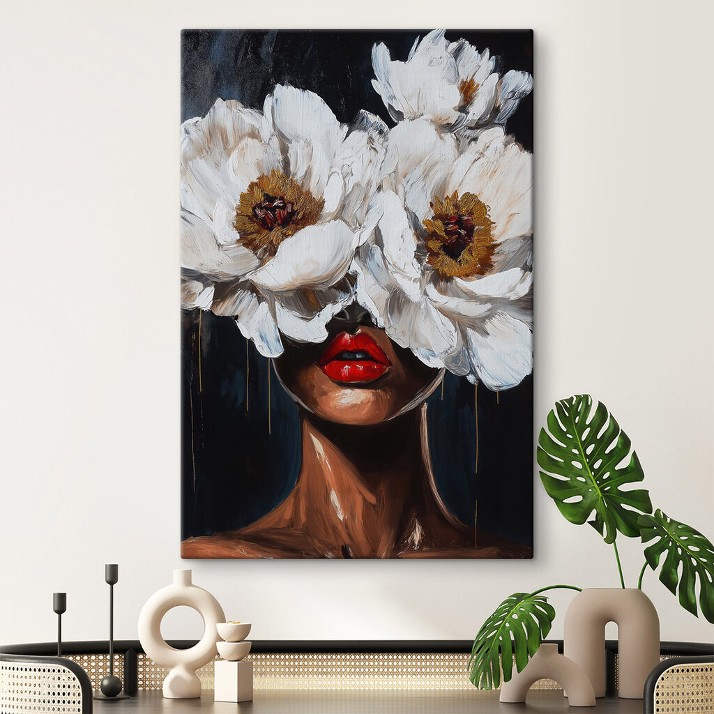 Labbra rosse e fiori in un ambiente