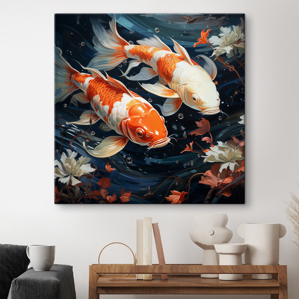 Koi tra fiori bianchi in un ambiente