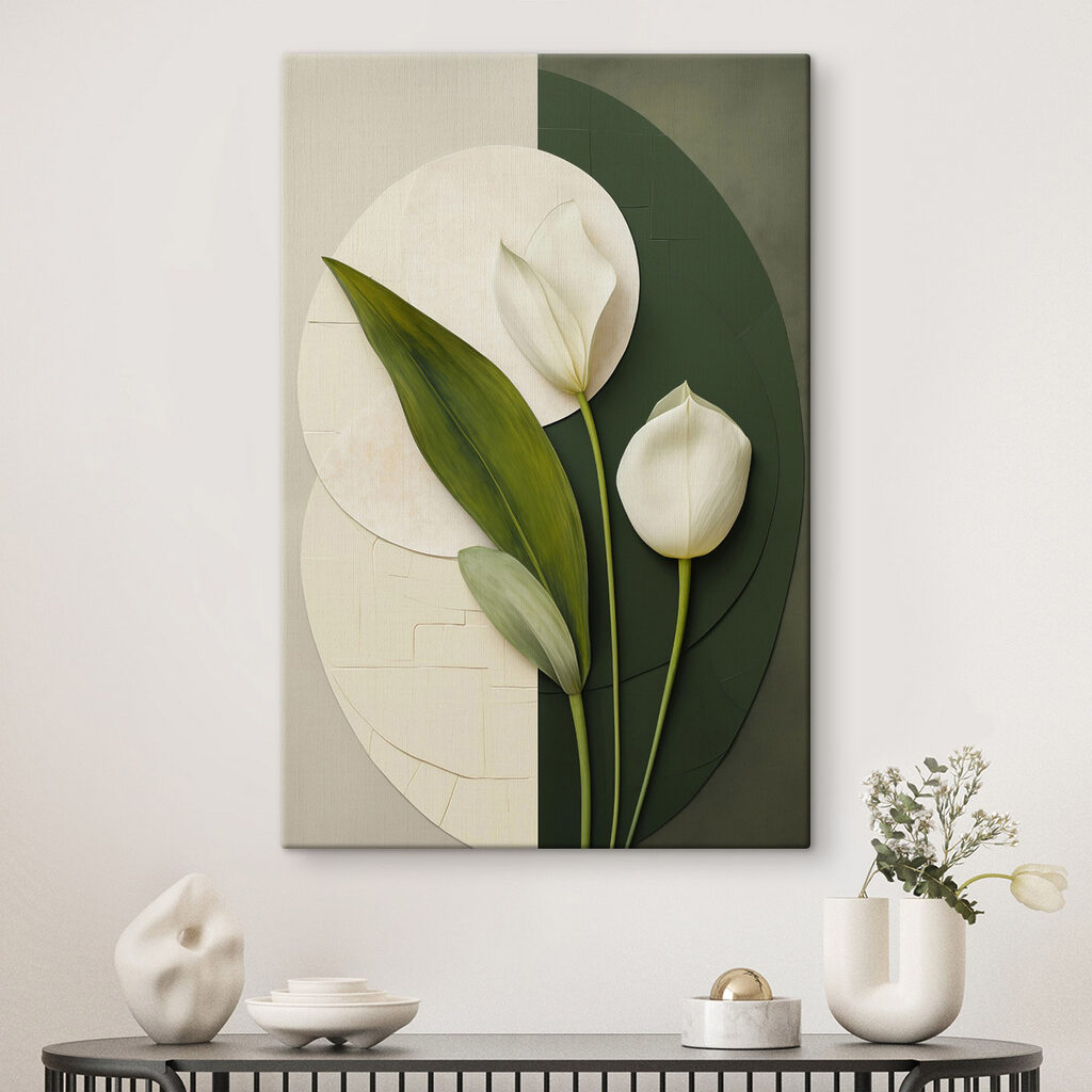 Tulipani tra forme colorate in un ambiente