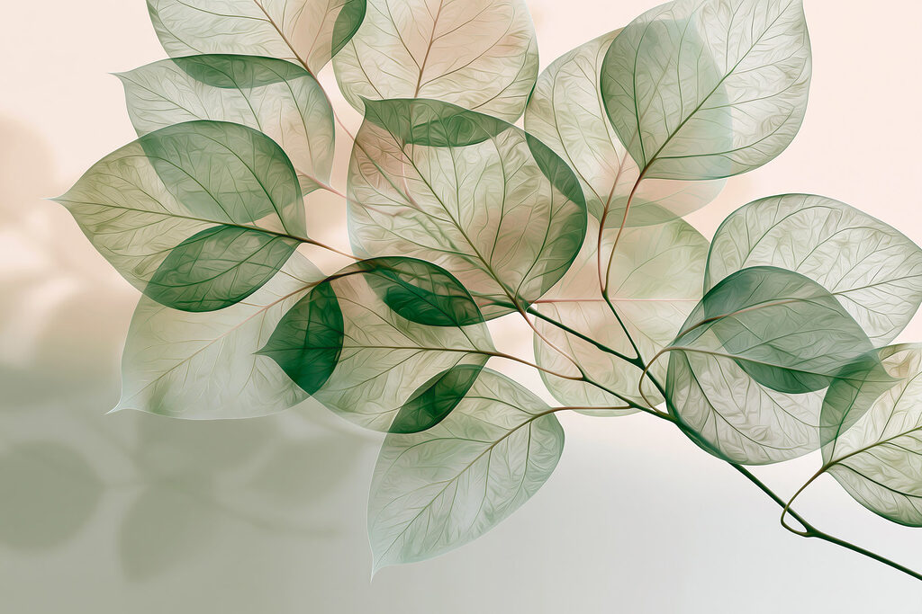 Foglie trasparenti su rosa — design completo
