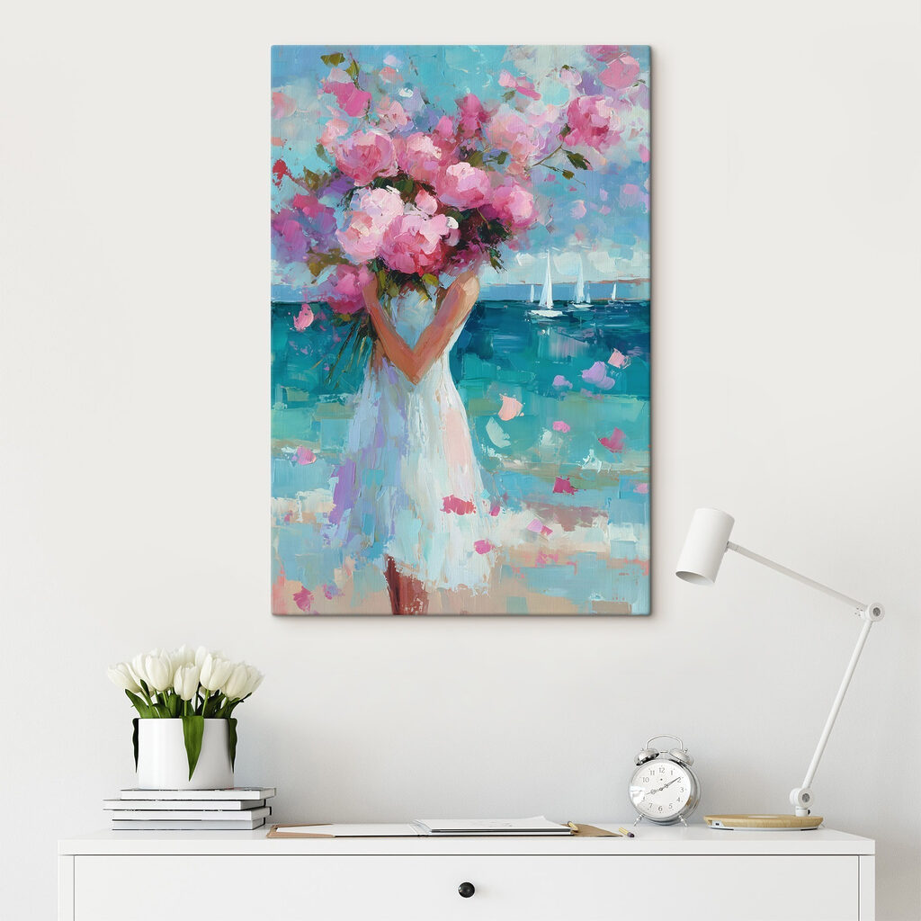 Donna con bouquet rosa in un ambiente