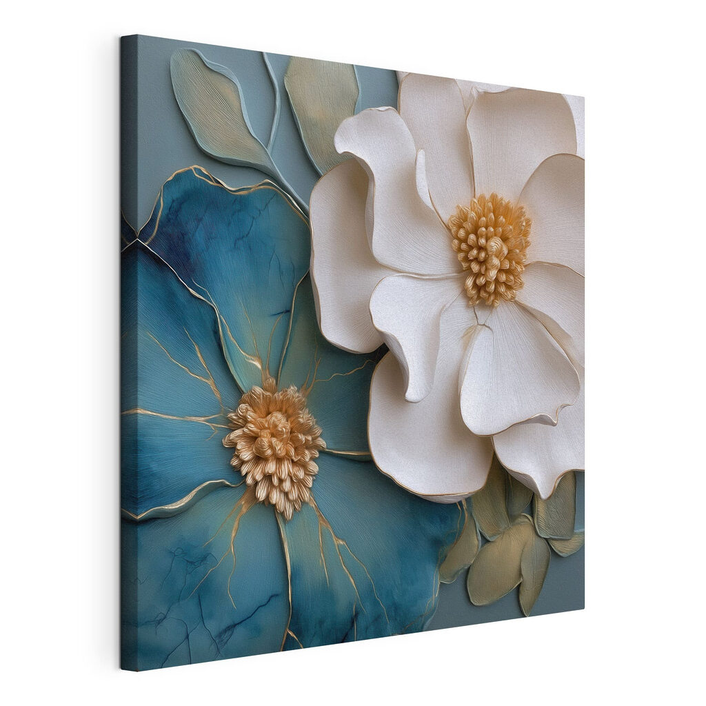 Fiore bianco e blu, tela tesa e bordo avvolto