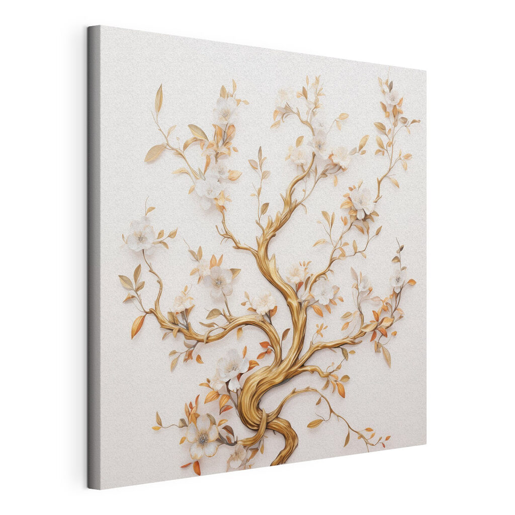 Albero dorato in fiore, tela tesa e bordo avvolto