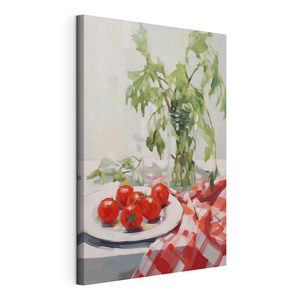 Pomodori su tovaglia, tela tesa e bordo avvolto