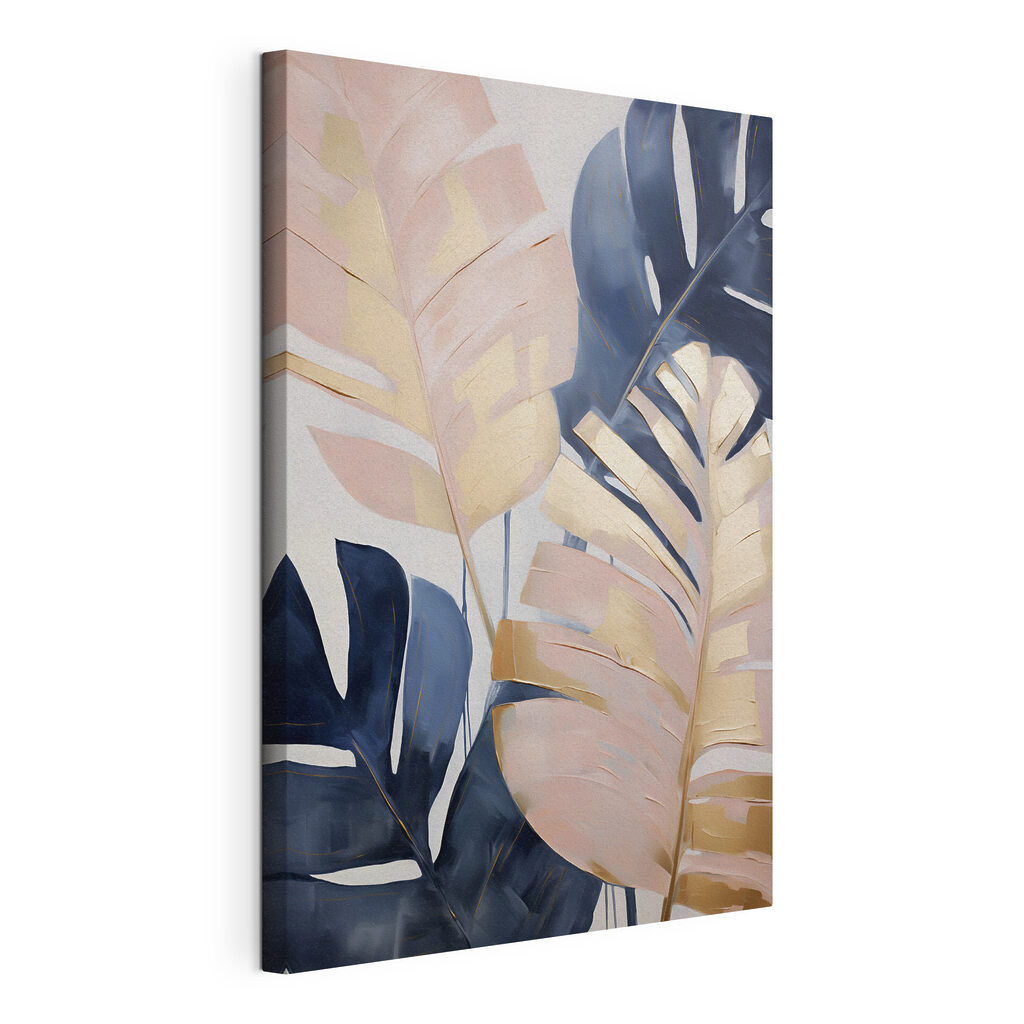 Monstera blu e rosa, tela tesa e bordo avvolto