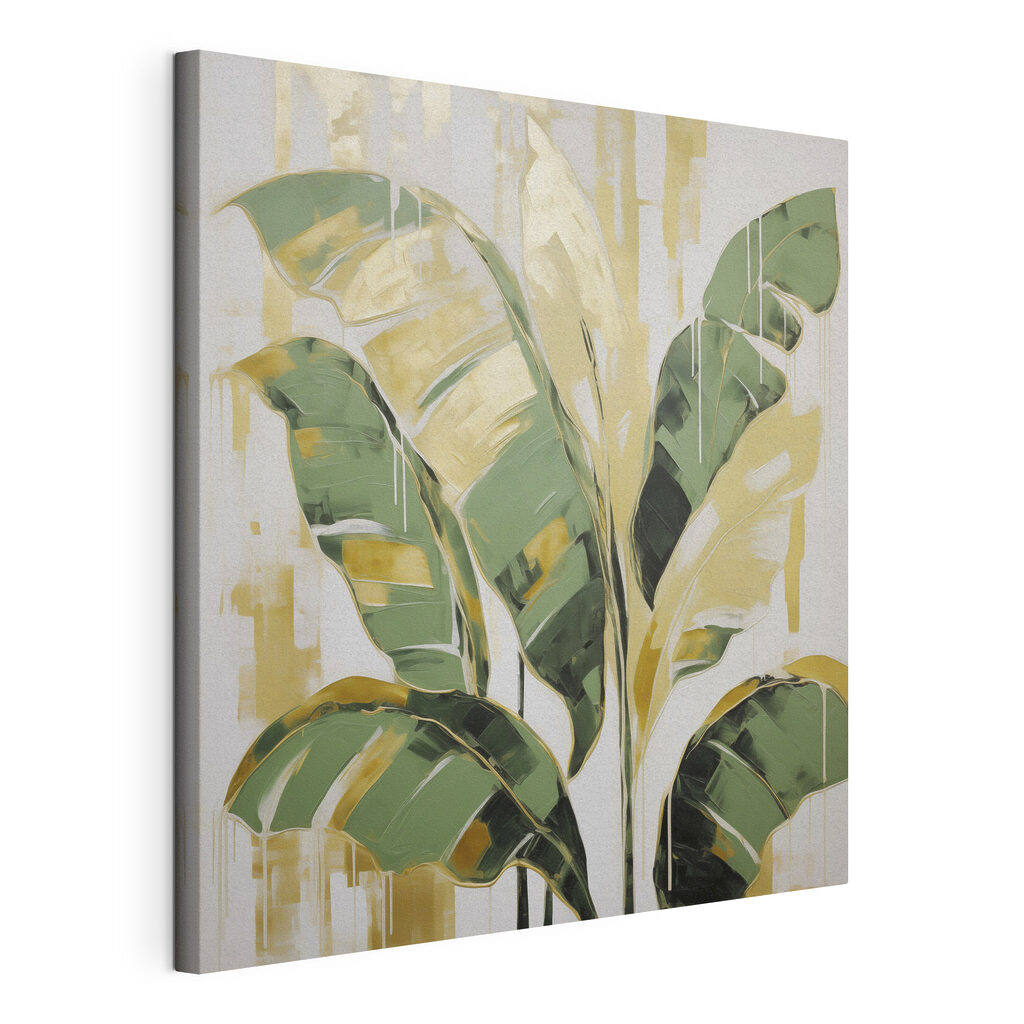Monstera tra pennellate, tela tesa e bordo avvolto