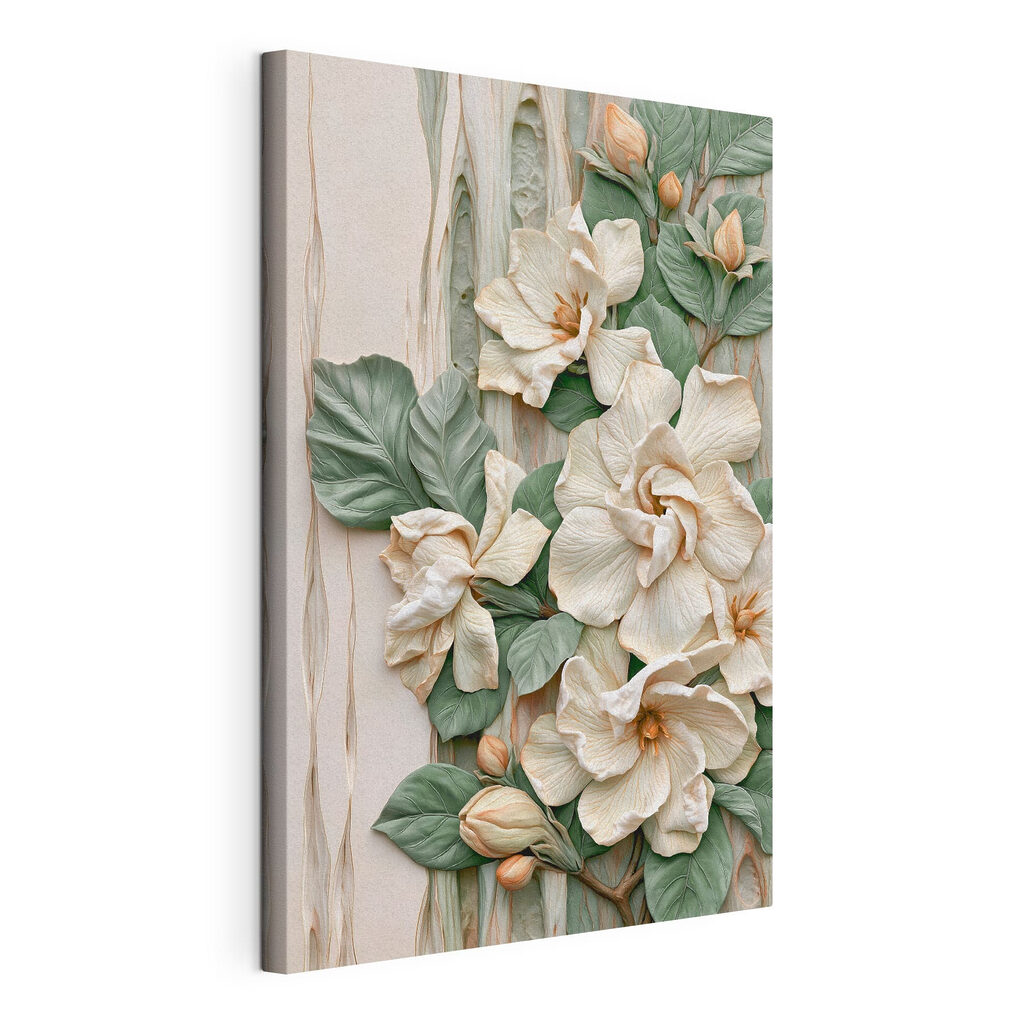 Fiori bianchi, foglie tonde, tela tesa e bordo avvolto