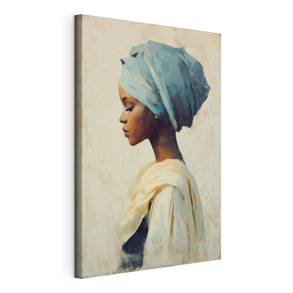 Donna con foulard blu, tela tesa e bordo avvolto