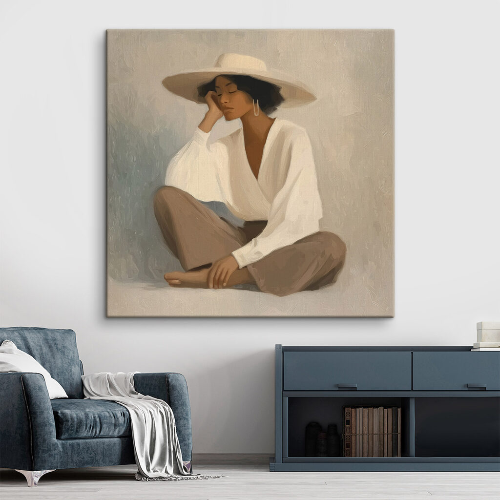 Donna seduta con cappello in un ambiente