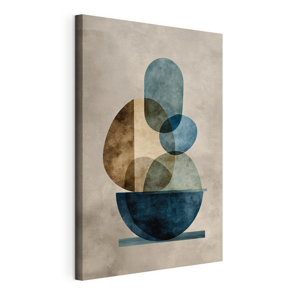 Forme blu in equilibrio, tela tesa e bordo avvolto