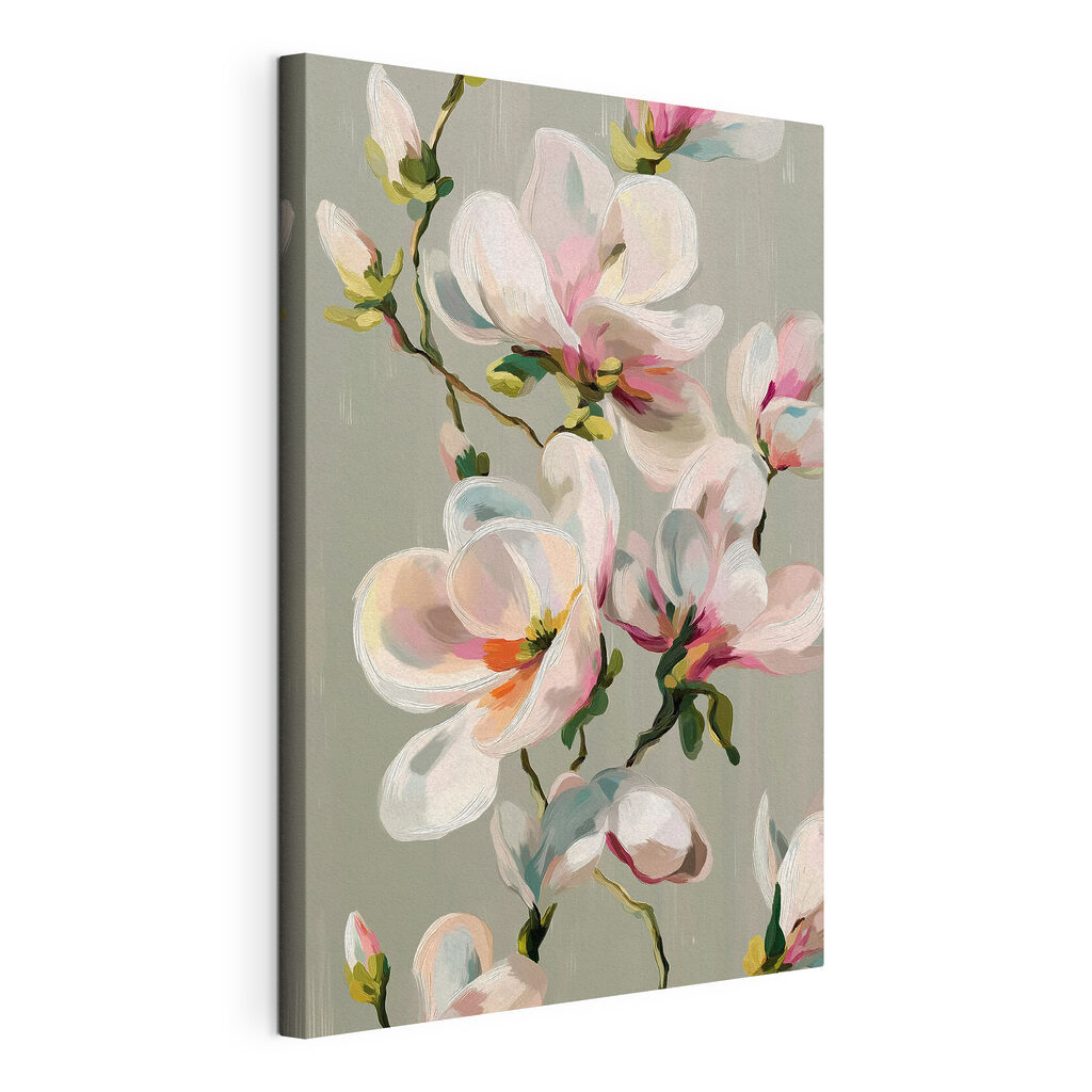 Magnolia bianca e rosa, tela tesa e bordo avvolto