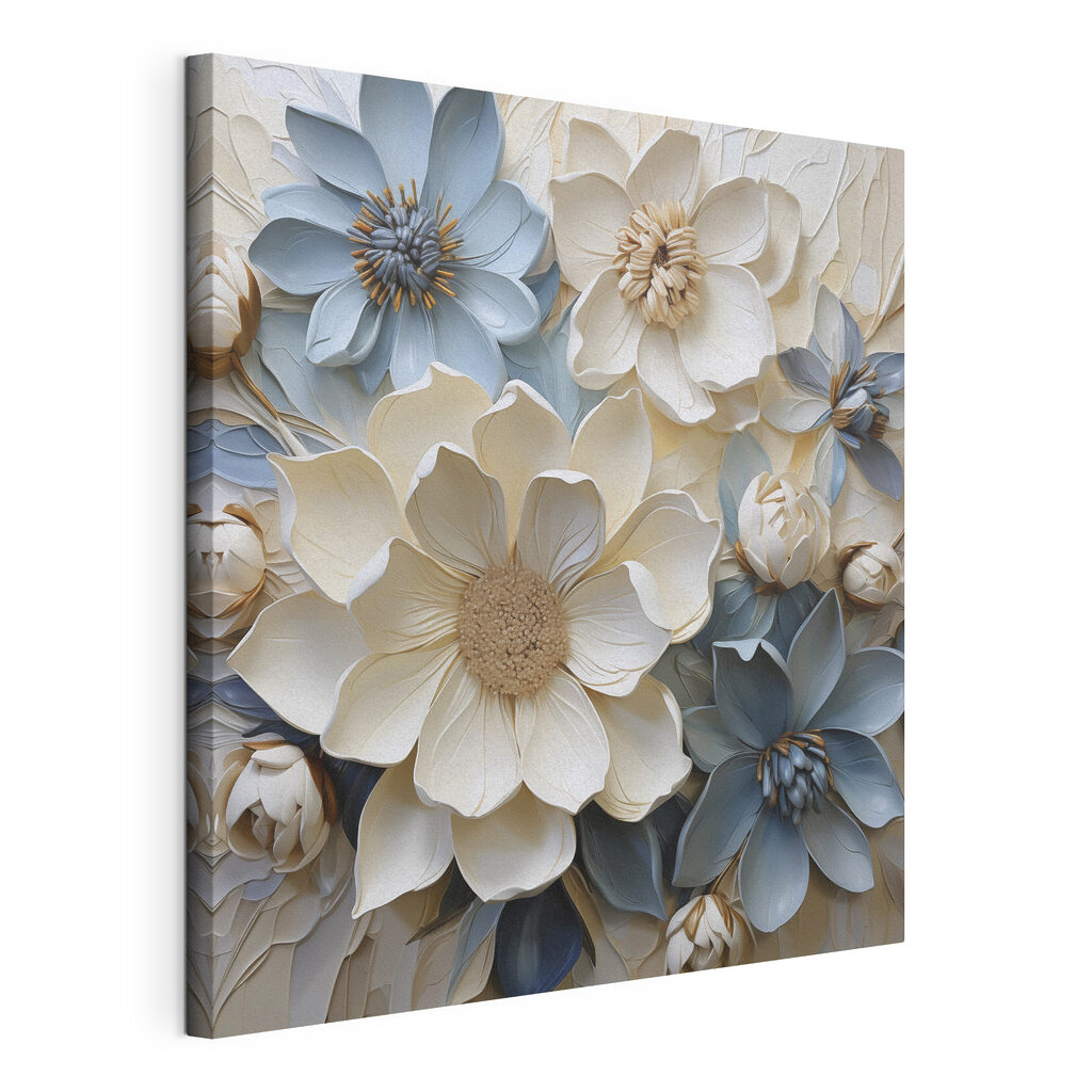 Fiori blu tra bianchi, tela tesa e bordo avvolto