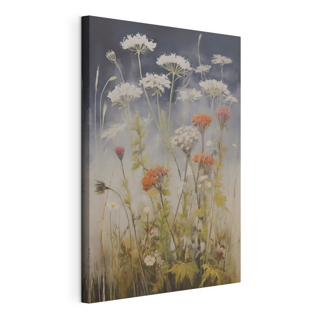 Ombrelle di fiori bianchi, tela tesa e bordo avvolto