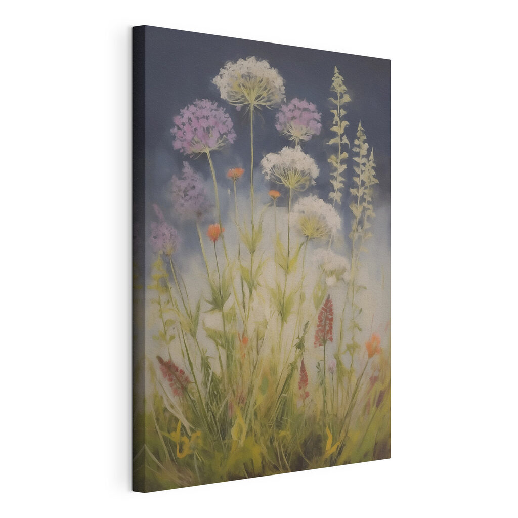 Fiori tondi su scuro, tela tesa e bordo avvolto